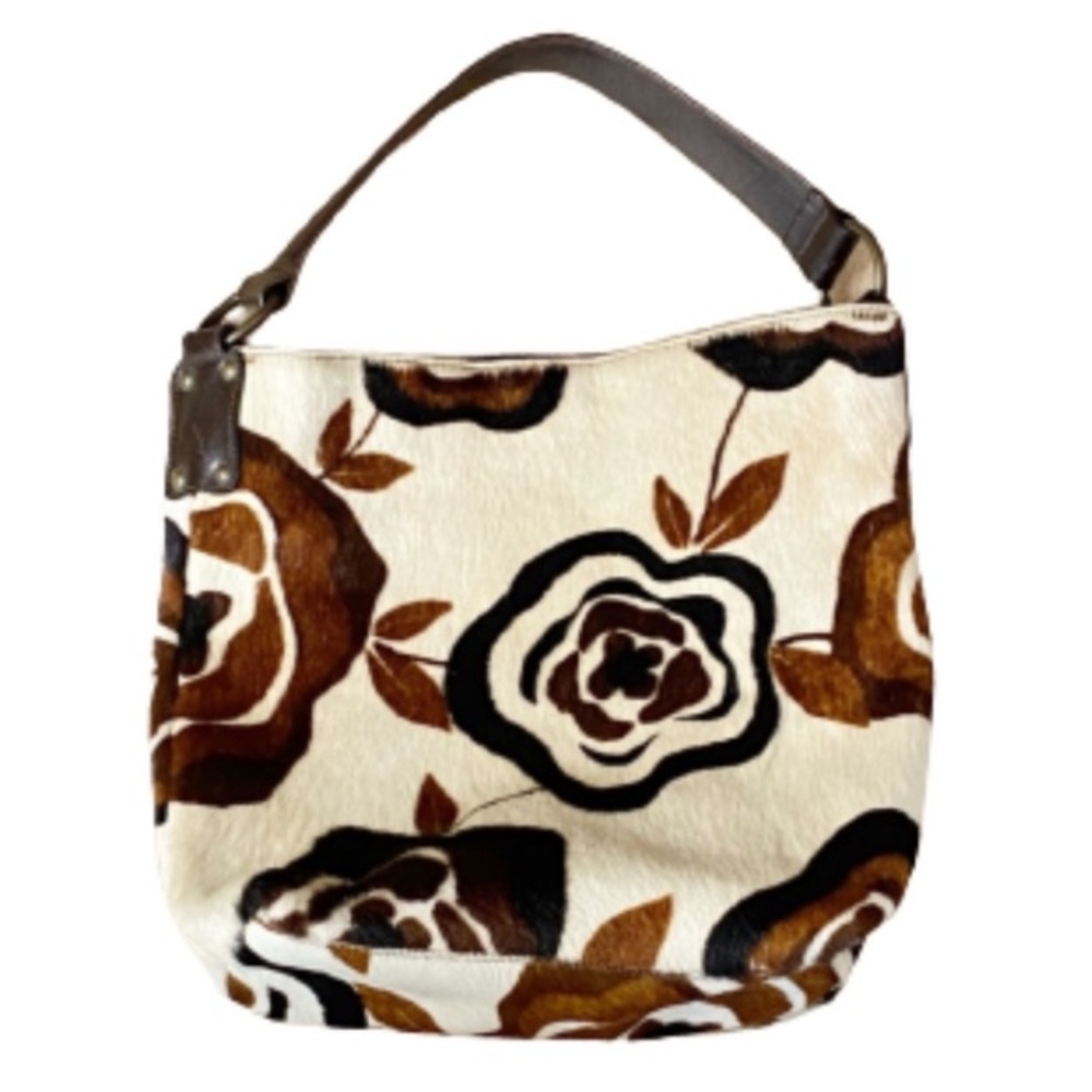 Vtg Maurizio Taiuti hobo Tote Bag Floral Printed Calf Hair leather